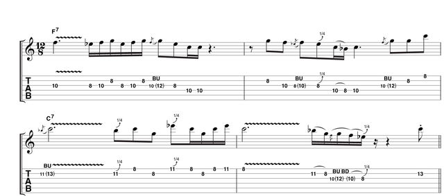blank Here, you're emulating the type of phrasing that occurs naturally when using a capo, open tuning and lots of open strings. The quick-fire pentatonic runs are still a major feature, though this time tempered with some longer sustained notes. An ideal oppurtunity to work on your vibrato!
